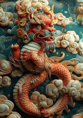 Obraz premium A 3D rendering of a red and gold Chinese dragon with clouds in the background