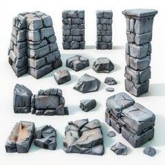 A collection of grey stone blocks of various sizes