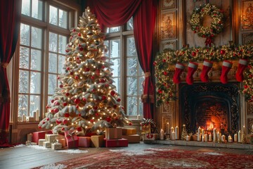 Fototapeta premium A beautifully decorated Christmas tree stands in a living room.