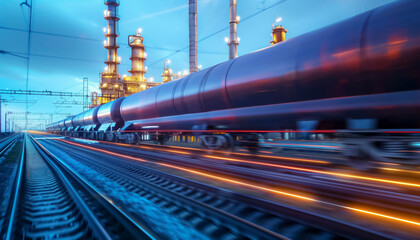 A train is traveling down the tracks with a bright orange light in the background.industrial equipment, including a large oil refinery,A futuristic digital oil production plant