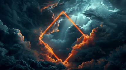 A stark, neon orange rhombus frame emerging from the shadows, set against a backdrop of fast-moving...