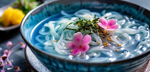 Silky white noodles in a sapphire blue broth, a vibrant splash of pink pickled ginger and lime...