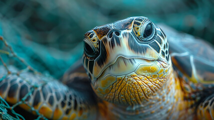 Marine Turtle Caught in Fishing Net Due to Ocean Pollution