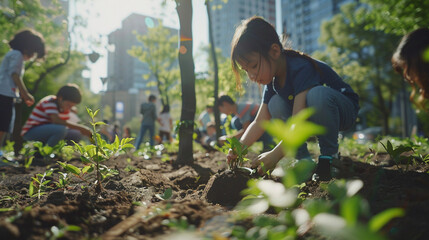 A group of school children planting native trees as part of an environmental project. Concept of conservation and education