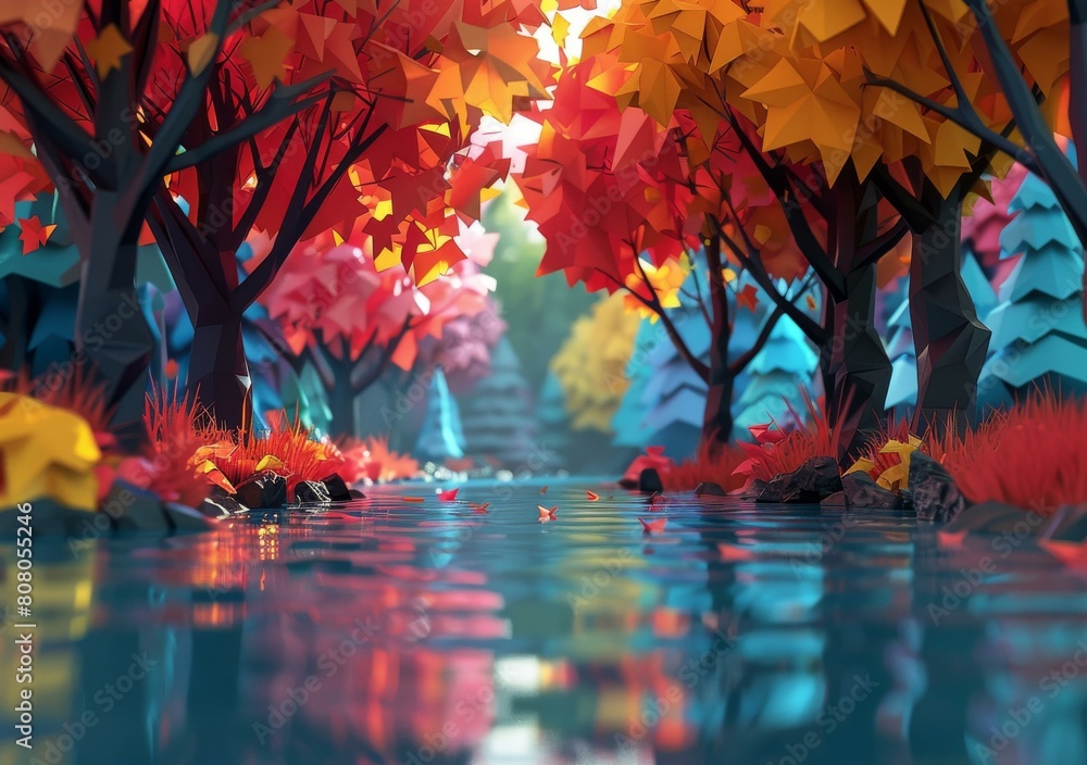 Poster low poly colorful forest with a river running through it