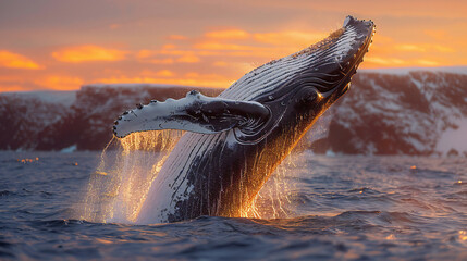 Humpback Whale Jumping at Sunset