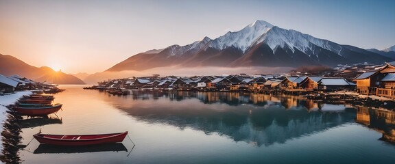 Fishing village with snow mountain at sunrise