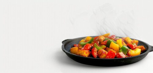 Sizzling Paneer Sizzler, with red and yellow bell peppers, on a hot plate