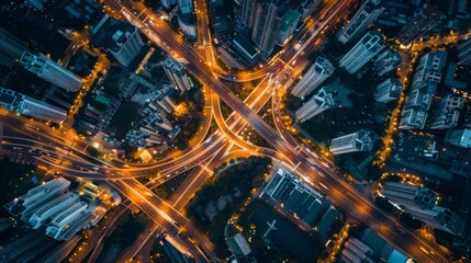 Aerial view of roads and intersections lit up by city lights, urban sprawl