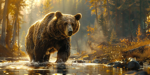 Brown Bear by the River in Forest Edge