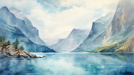 Create a watercolor background capturing the serene beauty of a Scandinavian fjord, with towering cliffs and crystal-clear waters