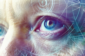 eye iris closeup, pupil, shapes with reflections, biometric scan technology, close up, blue color, man face