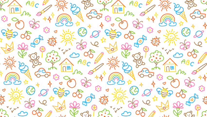 Seamless pattern with line doodle children drawing. Fun icons, childish drawings such as flower, ice cream, candy, sun, house, tree, apple, heart, stars isolated on white background.