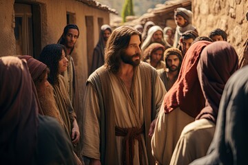 jesus is standing in front of a crowd of people and talking to them