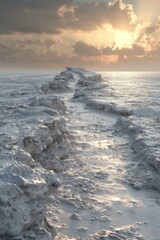 Ice formations on a frozen lake at sunset - obrazy, fototapety, plakaty