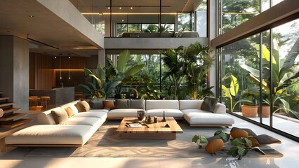 Fototapeta premium Luxurious minimalist treehouse living room adorned with lush greenery. Concept Luxury Treehouse Living Room, Minimalist Design, Lush Greenery Decor