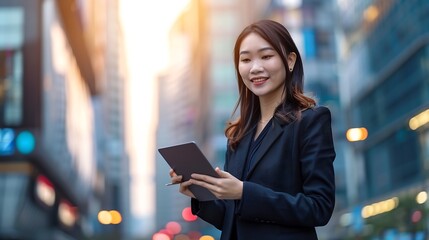 Smiling young Asian business woman leader entrepreneur professional manager holding digital tablet computer using software applications standing on the street in big city on sky backgr : Generative AI