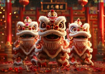 Fototapeta premium Three fluffy Chinese lions perform a traditional lion dance to celebrate the Spring Festival.