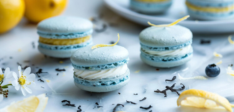Soft, powder blue earl grey tea-infused macarons, filled with a zesty lemon buttercream, combining sophistication with a burst of flavor