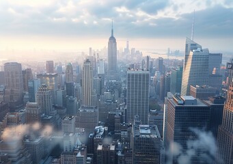 Obraz premium New York City skyline with skyscrapers and clouds in the background