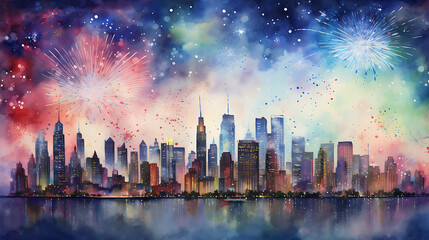 a watercolor background capturing the festive atmosphere of a New Year's Eve fireworks display over the city