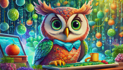 Fototapeta premium oil painting style CARTOON CHARACTER cute owl Inventor Works on a lap top at her desk