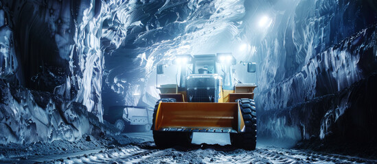 Powerful bulldozer in a dark, icy underground mining tunnel under artificial light