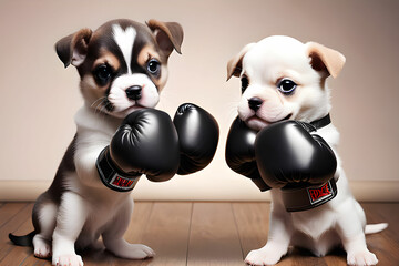 Two cute puppies boxing with gloves on.