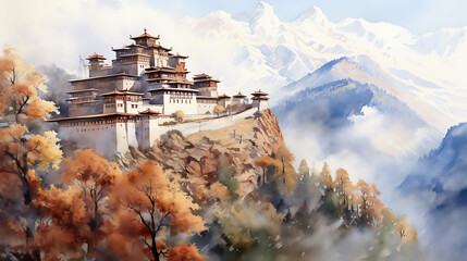 Create a watercolor background capturing the peacefulness of a monastery in the Himalayas