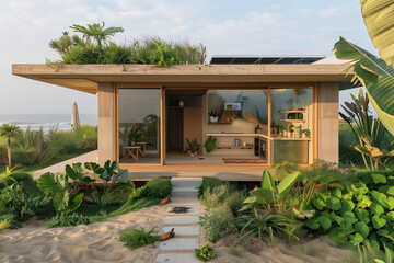 A small house by the tropic beach with lots of green, plants and frogs and sun panel