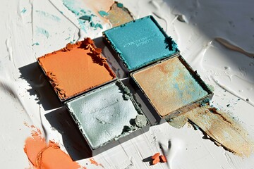 Colorful palette of oil paints on a white background close-up
