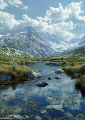The mountain stream flows through the valley between the snow-capped mountains