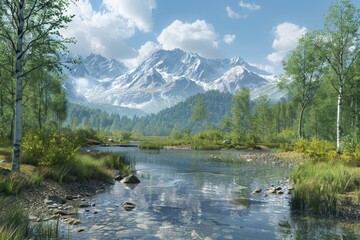 A beautiful landscape with snow-capped mountains, a river, and lush greenery