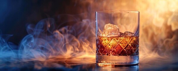 A double exposure of a whiskey glass with a smoky, wooded area, conveying the earthy tones of aged spirits
