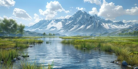 Mountains, river and green field with white clouds and blue sky