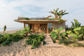 A small house by the tropic beach with lots of green, plants and frogs and sun panel