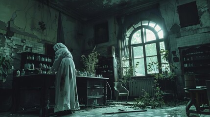 Abandoned sanatorium with a ghostly nurse distributing herbal remedies in the dead of night - obrazy, fototapety, plakaty