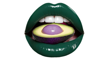 Close-up of a Woman's Lips. There's a half avocado held between the teeth. PNG