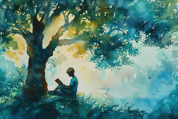 A painting depicting a person sitting under a tree in a natural setting