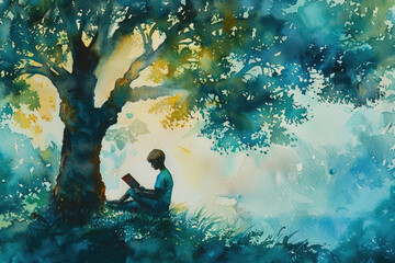 Fototapeta premium A painting depicting a person sitting under a tree in a natural setting