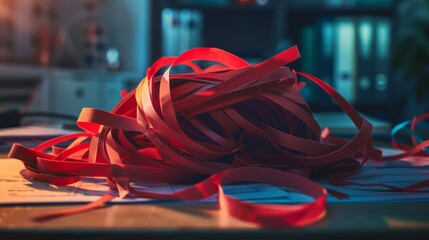 A close-up photograph of a tangled bundle of red tape on an office desk, symbolizing bureaucratic obstacles and administrative complexities in paperwork and regulations
