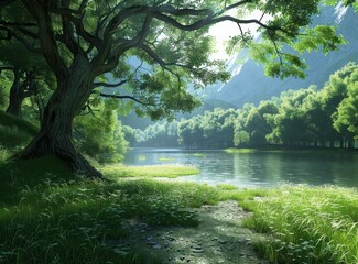 Obraz premium The sun shines through the forest and reflects on the lake