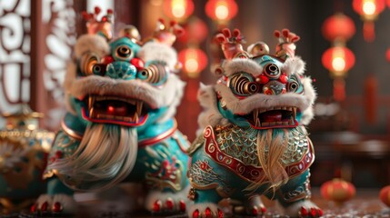 Fototapeta premium A pair of blue and green Chinese guardian lions