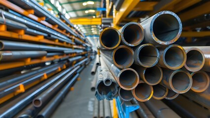 Steel pipes stored on warehouse shelves in an industrial setting for the metallurgy industry. Concept Steel pipes, Warehouse storage, Industrial setting, Metallurgy industry, Shelf organization