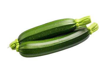 Two green zucchini on a white background. The zucchini are slightly curved and have a smooth, glossy skin. The stem is green and has several small leaves attached to it.