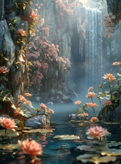 Fantasy landscape with waterfall and flowers