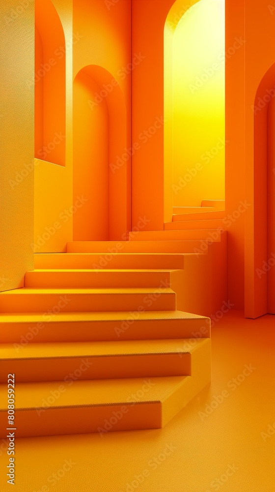 Poster 3d rendering of an empty room with yellow walls and a staircase