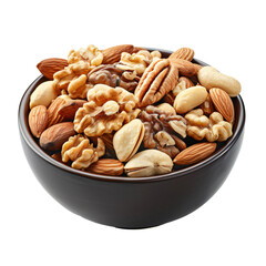 A bowl of mixed nuts including almonds, walnuts, cashews, and pistachios.