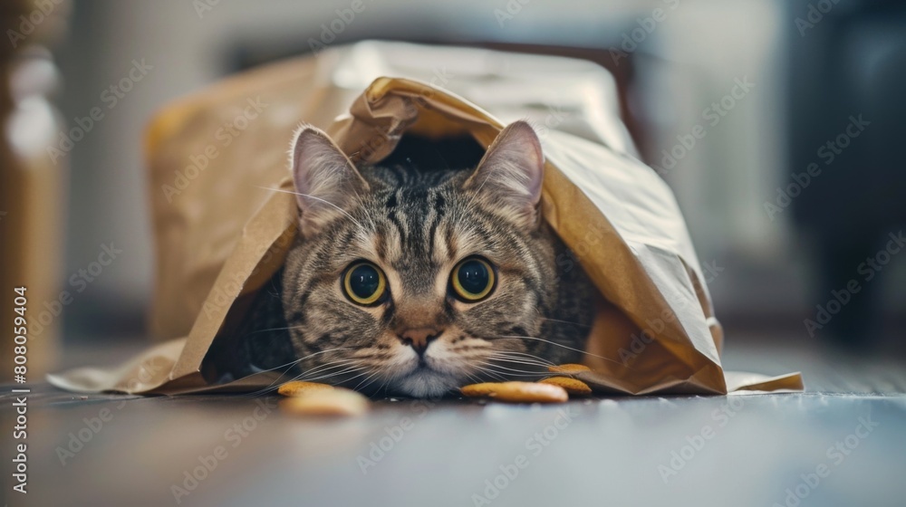 Poster an overweight cat squeezing into a tight space to reach a bag of treats