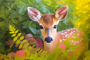 Dainty deer fawn peeking out from behind a bush, Tilted, Forest, Enchanted - obrazy, fototapety, plakaty